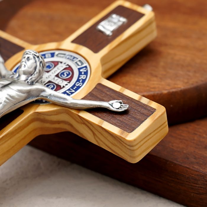 圣本笃十字架-橄榄木-镶嵌-带挂绳-19x10cm Catholic religious art