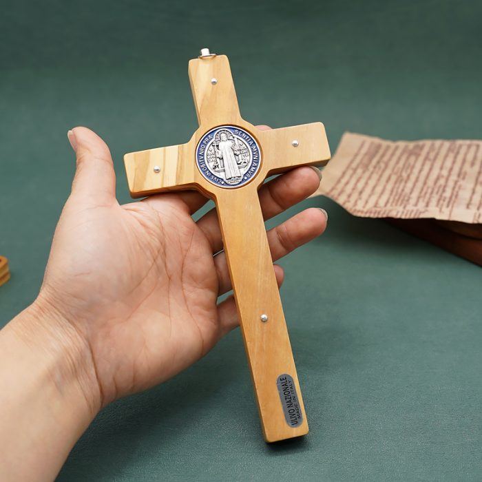 圣本笃十字架-橄榄木-镶嵌-带挂绳-19x10cm Catholic religious art