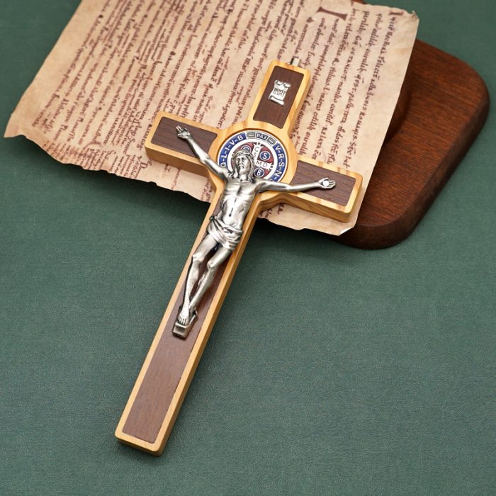 圣本笃十字架-橄榄木-镶嵌-带挂绳-19x10cm Catholic religious art