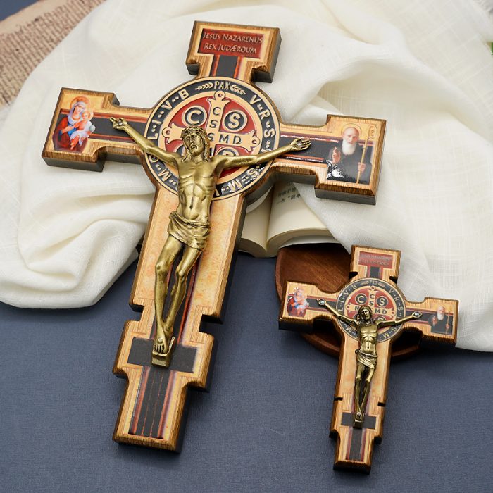 圣本笃十字架-桦木合金青铜色圣尸挂件-28.5x22cm Catholic religious art