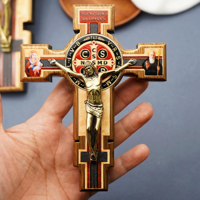 圣本笃十字架-桦木合金青铜色圣尸挂件-28.5x22cm Catholic religious art