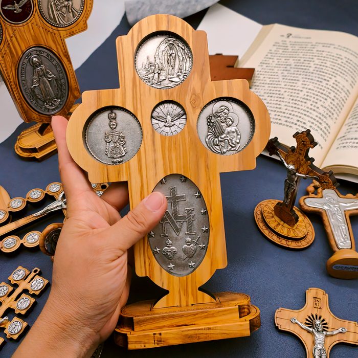 十字架-圣衣圣母-橄榄木-带底座-23x15.5cm Catholic religious art