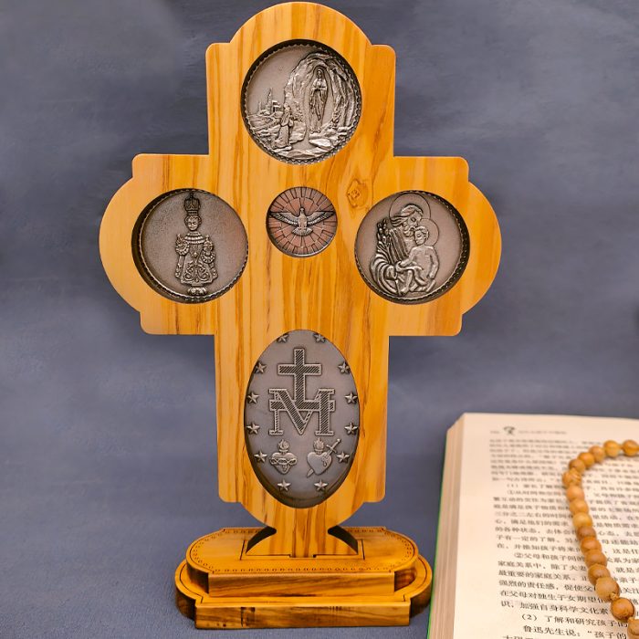 十字架-圣衣圣母-橄榄木珐琅-带底座-23x15.5cm Catholic religious art