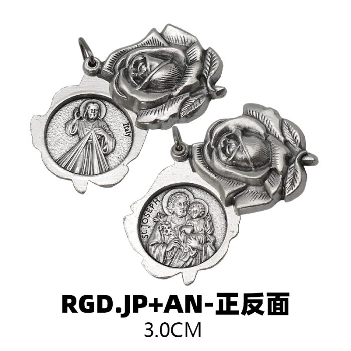 DIY小吊牌-开合玫瑰花吊坠若瑟+上主慈悲-锌合金-3cm Catholic religious art
