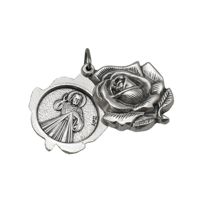 DIY小吊牌-开合玫瑰花吊坠若瑟+上主慈悲-锌合金-3cm Catholic religious art