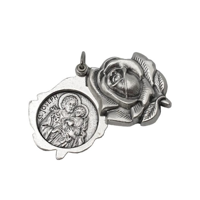 DIY小吊牌-开合玫瑰花吊坠若瑟+上主慈悲-锌合金-3cm Catholic religious art