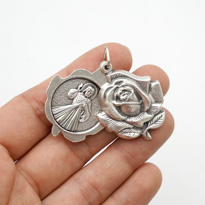 DIY小吊牌-开合玫瑰花吊坠若瑟+上主慈悲-锌合金-3cm Catholic religious art