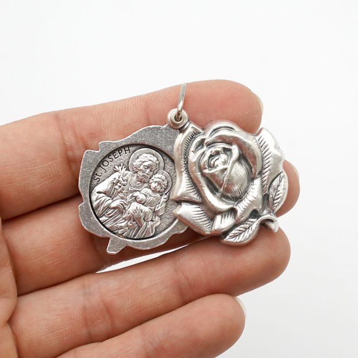 DIY小吊牌-开合玫瑰花吊坠若瑟+上主慈悲-锌合金-3cm Catholic religious art