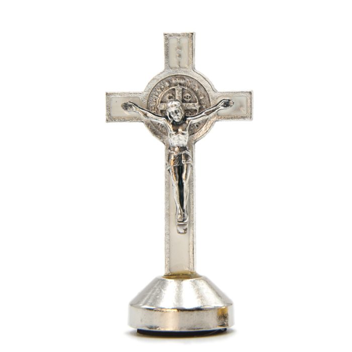本笃十字架-银色白珐琅带底座-6x2.9cm Catholic religious art