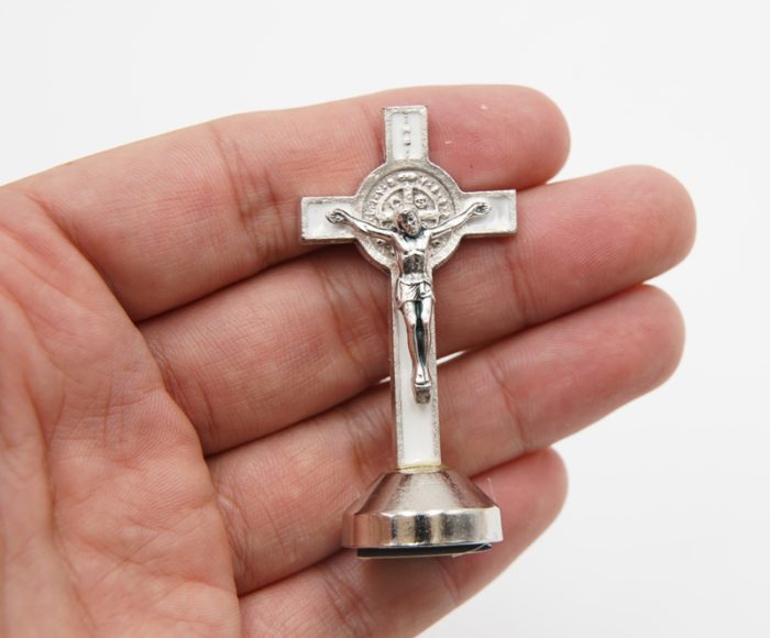 本笃十字架-银色白珐琅带底座-6x2.9cm Catholic religious art