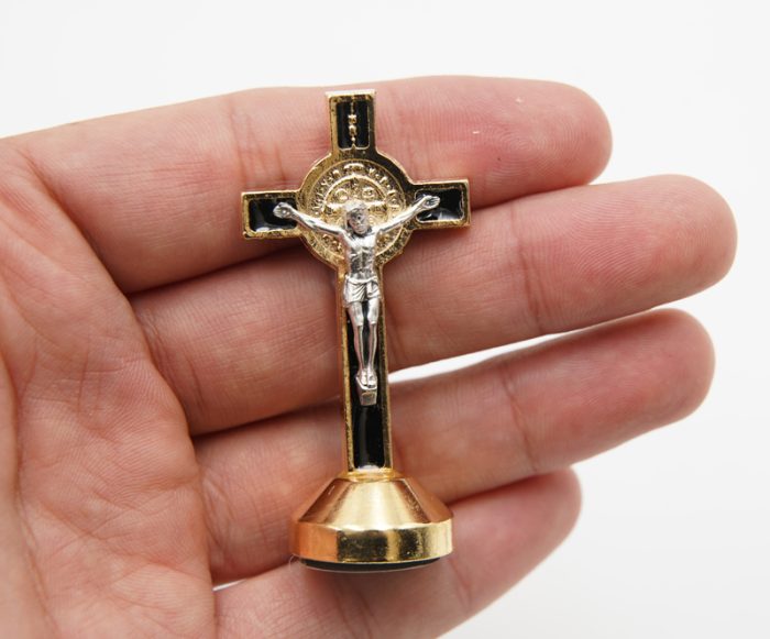 本笃十字架-金色黑珐琅带底座-6x2.9cm Catholic religious art