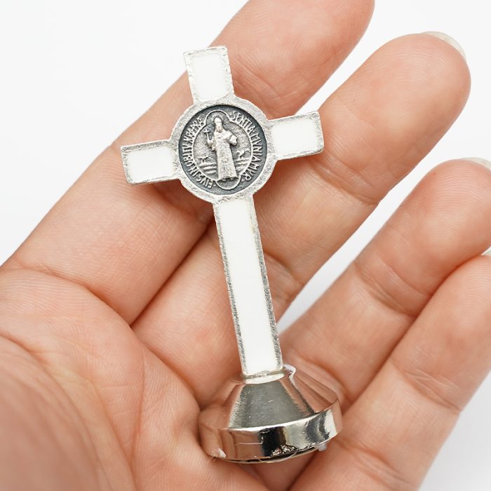 本笃十字架-银色白珐琅带底座-6x2.9cm Catholic religious art