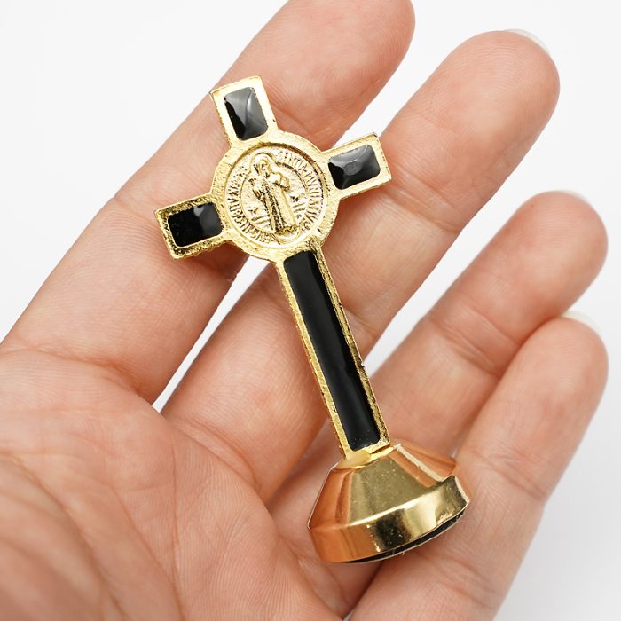 本笃十字架-金色黑珐琅带底座-6x2.9cm Catholic religious art