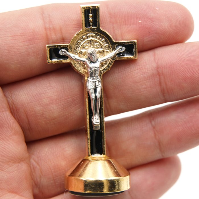 本笃十字架-金色黑珐琅带底座-6x2.9cm Catholic religious art