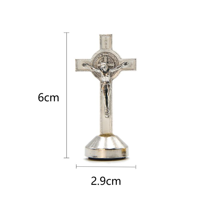 本笃十字架-银色白珐琅带底座-6x2.9cm Catholic religious art