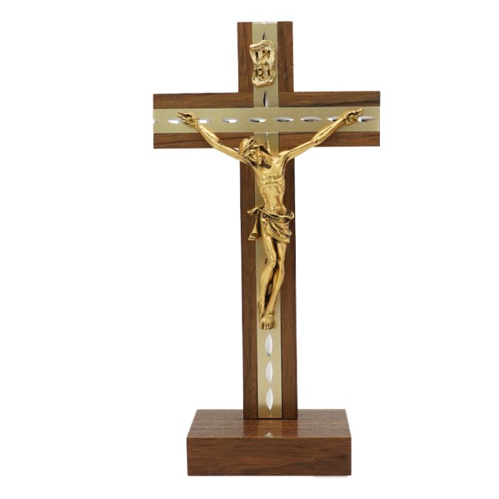 十字架-基督-胡桃木金色圣尸摆台-18x9cm Catholic religious art