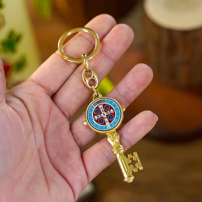 钥匙扣-金属钥匙链-圣本笃-金色珐琅-3x高10.5cm-内径21mm Catholic religious art