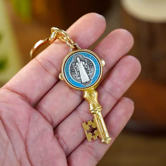 钥匙扣-金属钥匙链-圣本笃-金色珐琅-3x高10.5cm-内径21mm Catholic religious art