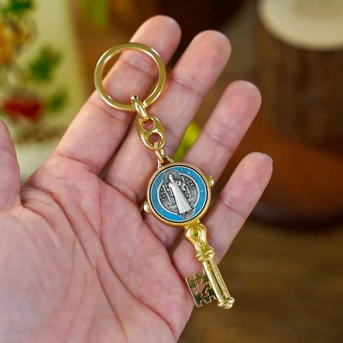 钥匙扣-金属钥匙链-圣本笃-金色珐琅-3x高10.5cm-内径21mm Catholic religious art