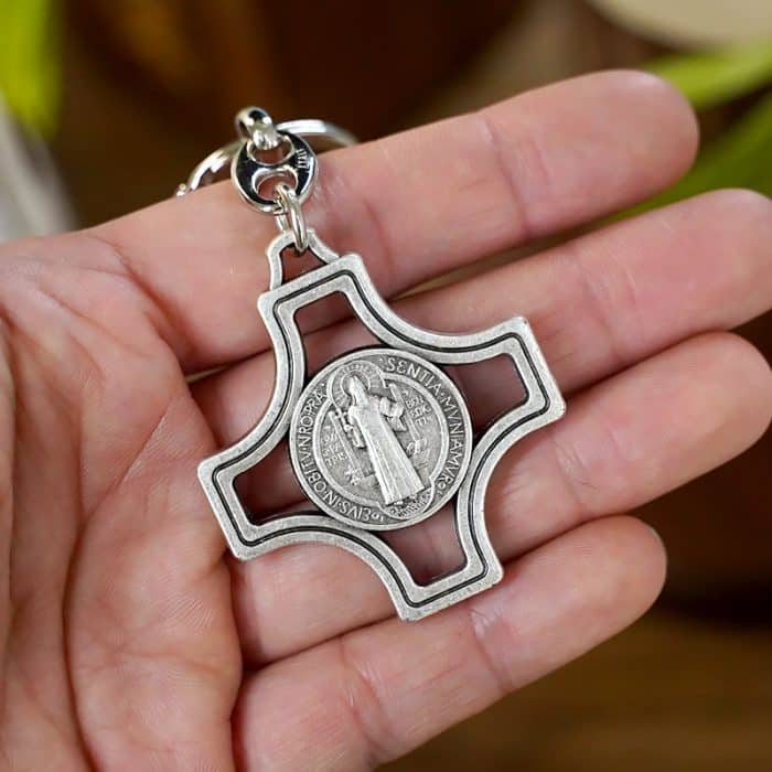 钥匙扣-圣本笃十字架-银色-4.2x4.2x高9cm Catholic religious art