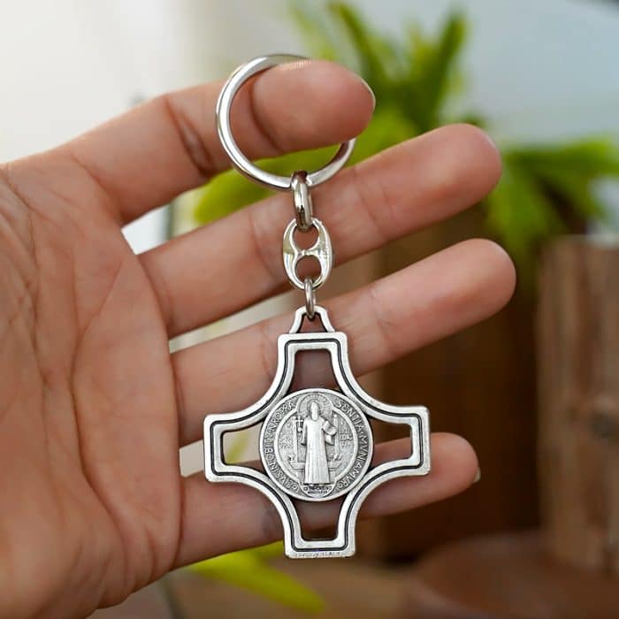 钥匙扣-圣本笃十字架-银色-4.2x4.2x高9cm Catholic religious art