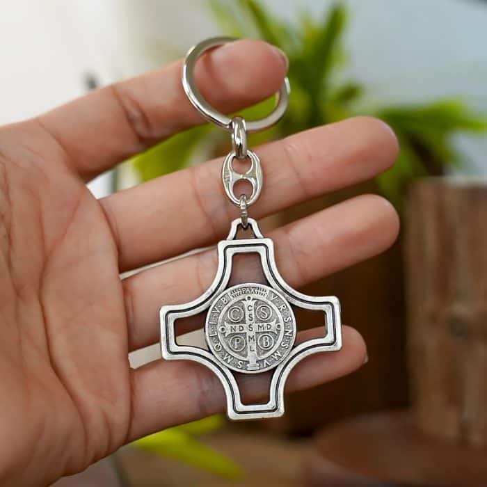 钥匙扣-圣本笃十字架-银色-4.2x4.2x高9cm Catholic religious art