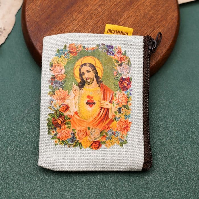 双面帆布念珠包-耶稣圣心-7x9cm Catholic religious art