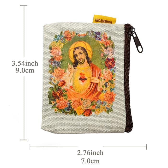 双面帆布念珠包-耶稣圣心-7x9cm Catholic religious art