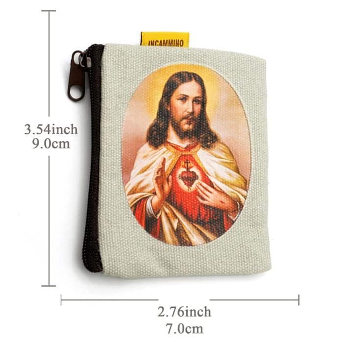 双面帆布念珠包-耶稣圣心-7x9cm Catholic religious art