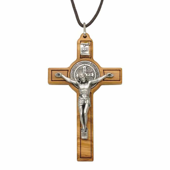 十字架项链-圣本笃-橄榄木-银色圣尸和圣牌-7.5cm Catholic religious art