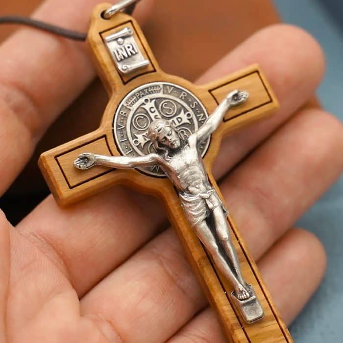 十字架项链-圣本笃-橄榄木-银色圣尸和圣牌-7.5cm Catholic religious art