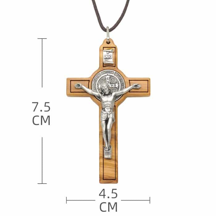 十字架项链-圣本笃-橄榄木-银色圣尸和圣牌-7.5cm Catholic religious art