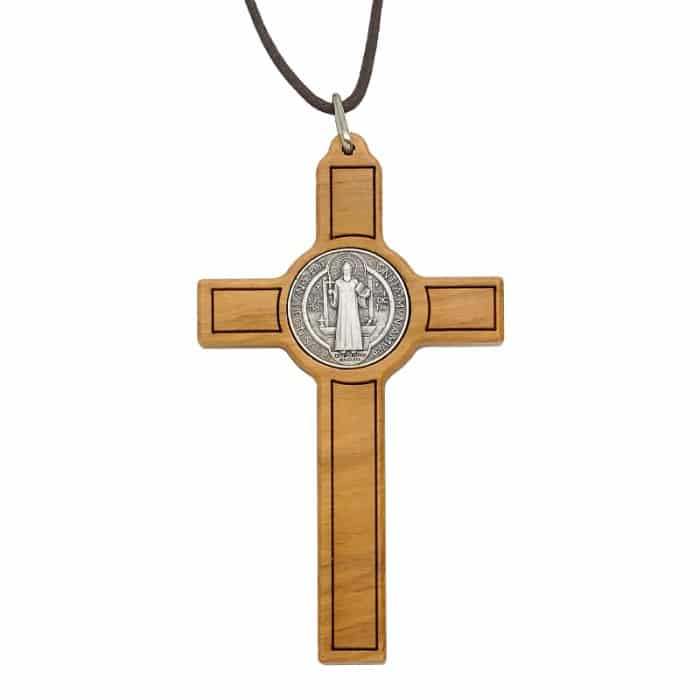 十字架项链-圣本笃-橄榄木-银色圣尸和圣牌-7.5cm Catholic religious art