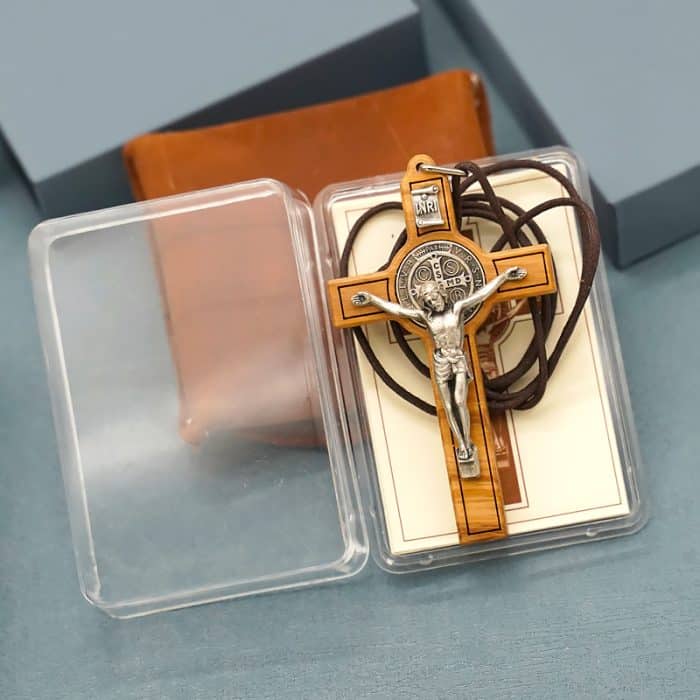 十字架项链-圣本笃-橄榄木-银色圣尸和圣牌-7.5cm Catholic religious art