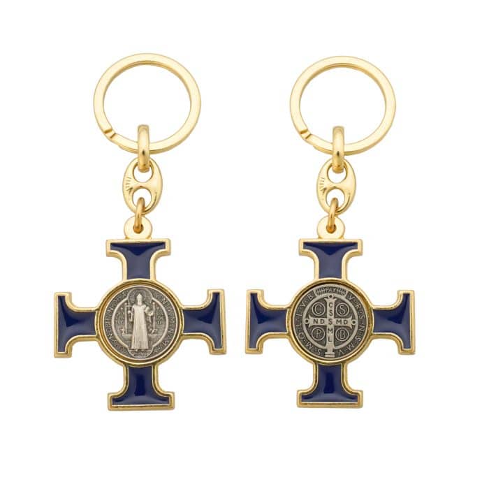 钥匙扣-圣本笃-金色-蓝珐琅-凯尔特十字 Catholic religious art