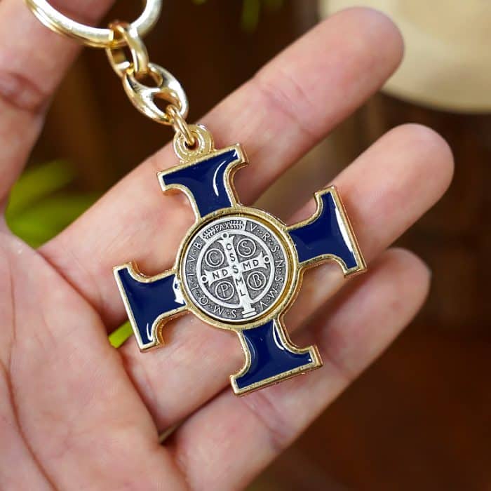 钥匙扣-圣本笃-金色-蓝珐琅-凯尔特十字 Catholic religious art
