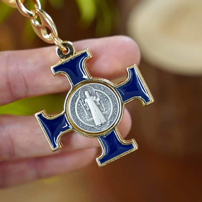 钥匙扣-圣本笃-金色-蓝珐琅-凯尔特十字 Catholic religious art