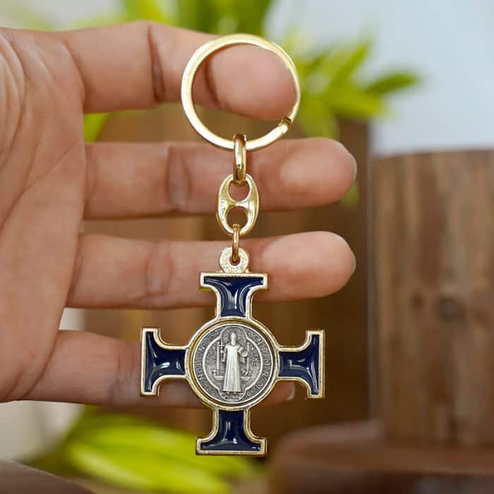 钥匙扣-圣本笃-金色-蓝珐琅-凯尔特十字 Catholic religious art