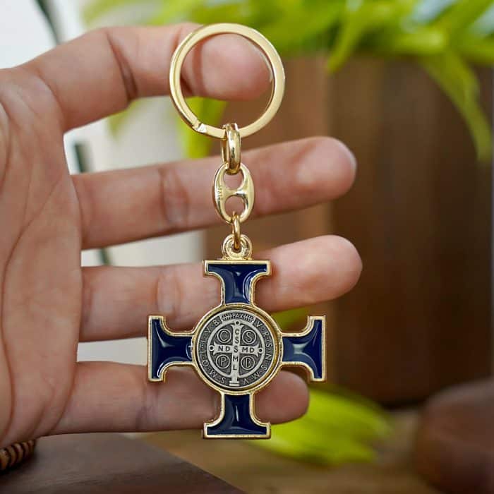 钥匙扣-圣本笃-金色-蓝珐琅-凯尔特十字 Catholic religious art