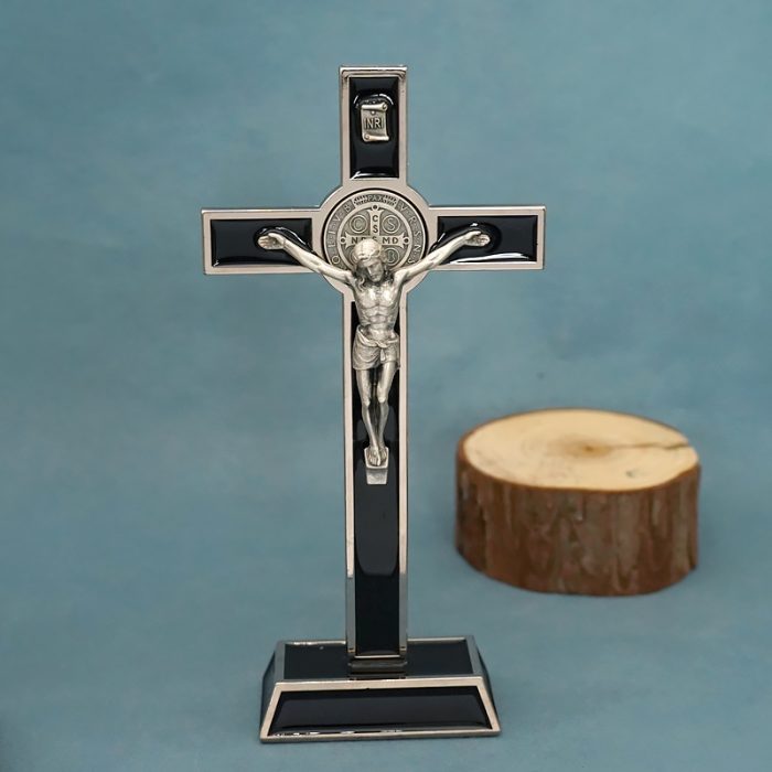 金属十字架-圣本笃-银色圣尸黑珐琅-20.5cm Catholic religious art
