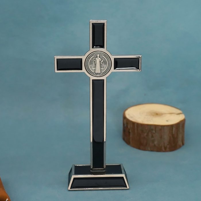金属十字架-圣本笃-银色圣尸黑珐琅-20.5cm Catholic religious art