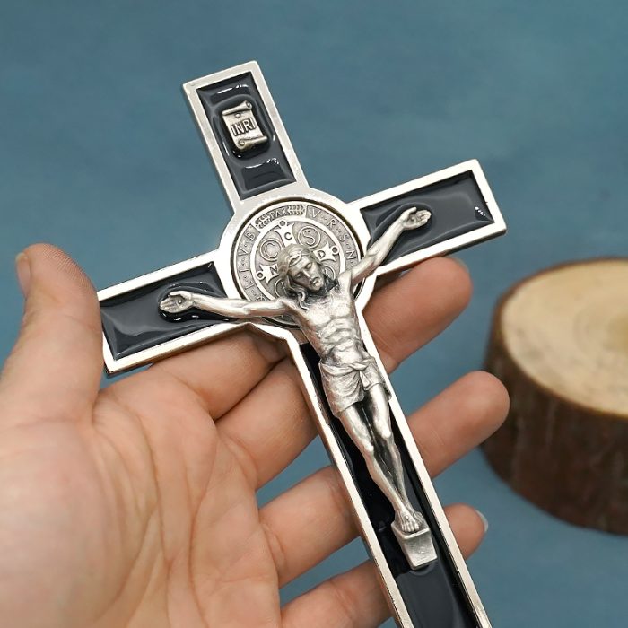 金属十字架-圣本笃-银色圣尸黑珐琅-20.5cm Catholic religious art
