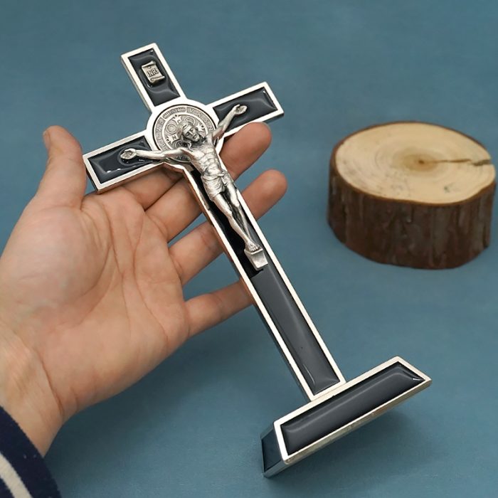 金属十字架-圣本笃-银色圣尸黑珐琅-20.5cm Catholic religious art