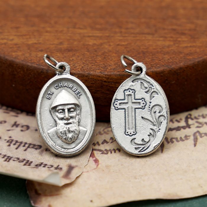 DIY小吊牌-圣夏贝尔‧马克卢夫+十字架和花-锌合金-镀银-2.2cm Catholic religious art