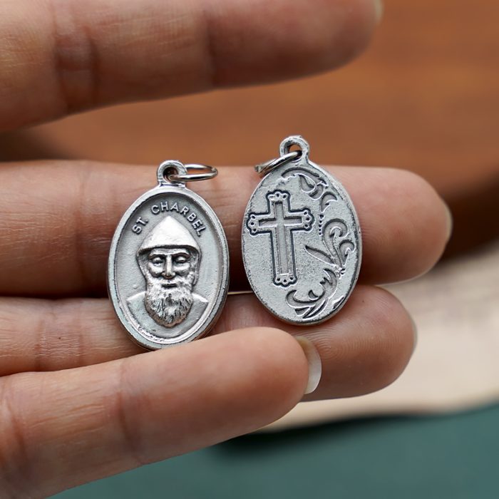 DIY小吊牌-圣夏贝尔‧马克卢夫+十字架和花-锌合金-镀银-2.2cm Catholic religious art