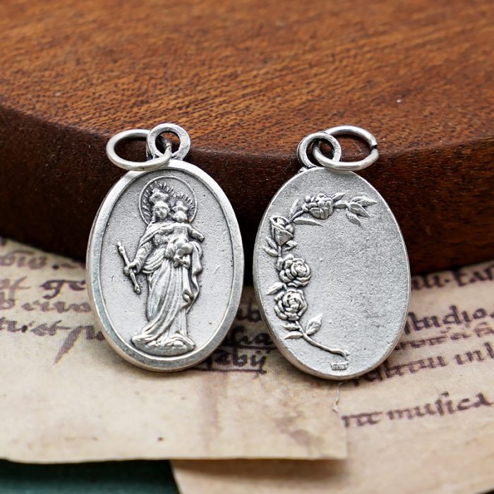 DIY小吊牌-进教之佑+玫瑰花-锌合金-镀银-2.2cm Catholic religious art