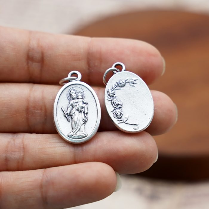 DIY小吊牌-进教之佑+玫瑰花-锌合金-镀银-2.2cm Catholic religious art