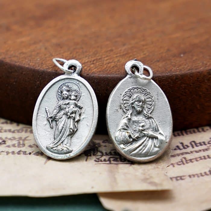 DIY小吊牌-进教之佑+耶稣圣心-锌合金-镀银-2.2cm Catholic religious art