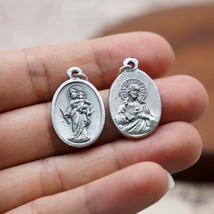 DIY小吊牌-进教之佑+耶稣圣心-锌合金-镀银-2.2cm Catholic religious art