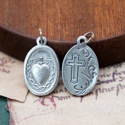 DIY小吊牌-圣心+十字架和花-锌合金-镀银-2.2cm